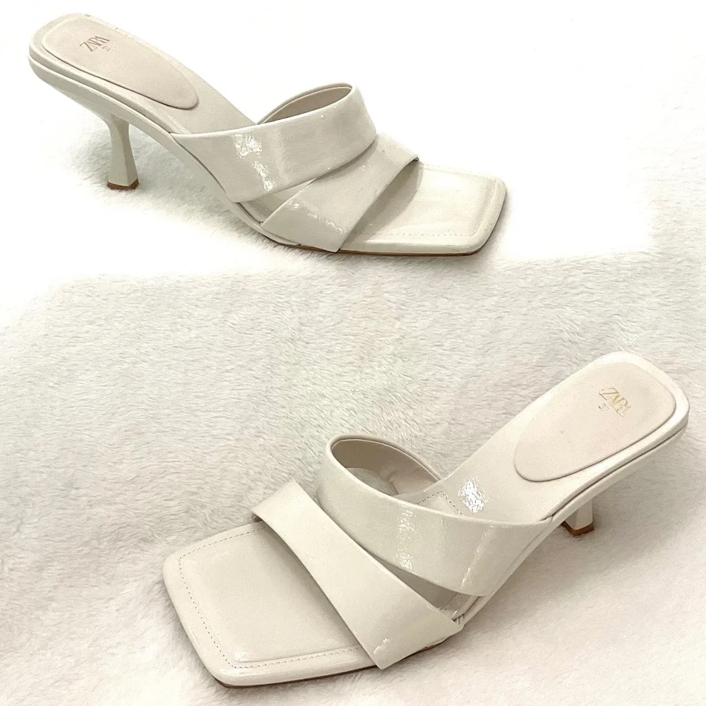 Zara White Open Toe Square Padded Dressy High Heel Sandals Size US7/EU37